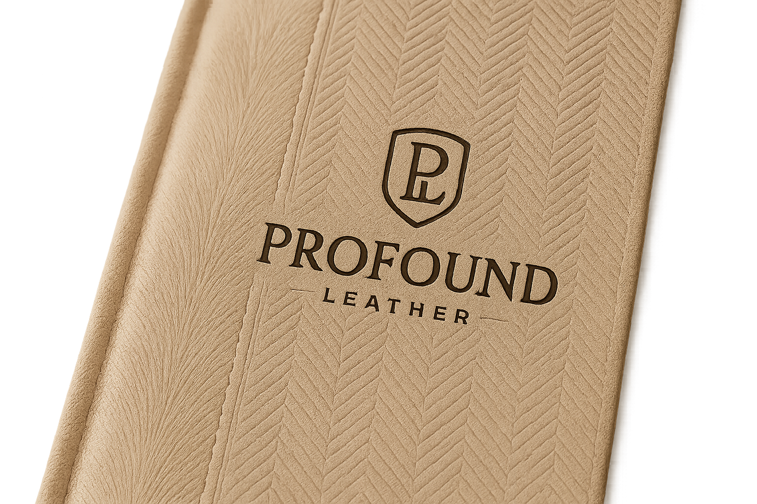 modern classy logo for business that custom designs leather, named Profound Leather, on light colored modern pattern designed leather book with a straight line of extra light deer fur runing down the center left of the book engraved deep in the leather background