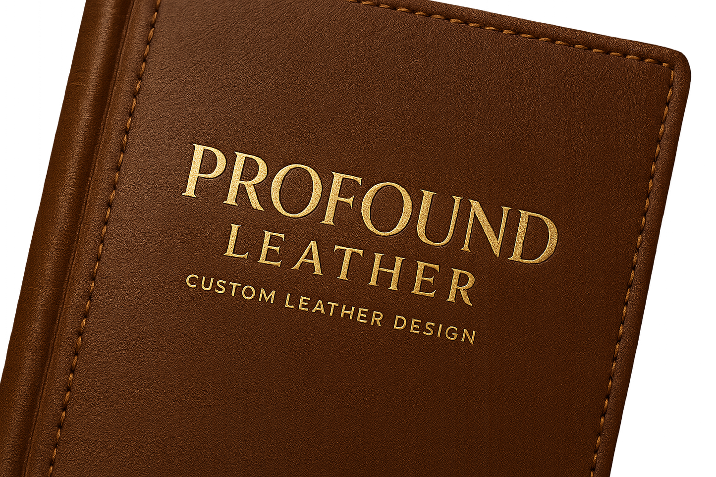 modern classy logo for business that custom designs leather, named Profound Leather, on modern designed leather book background