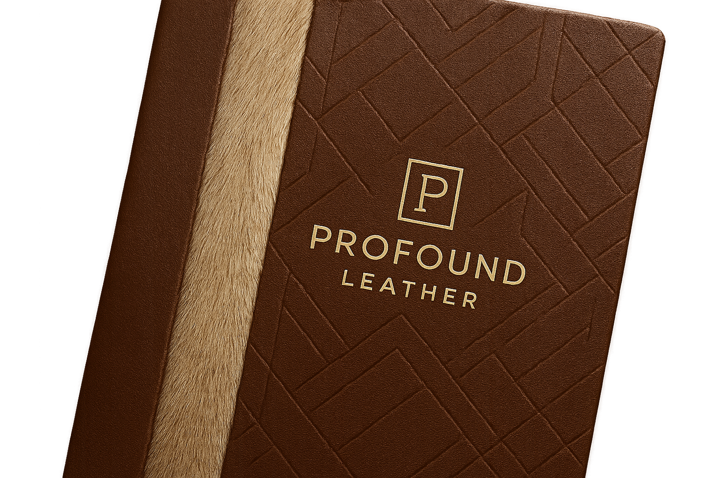 modern classy logo for business that custom designs leather, named Profound Leather, on modern pattern designed leather book with a straight line of extra light deer fur runing down the center left of the book engraved deep in the leather background