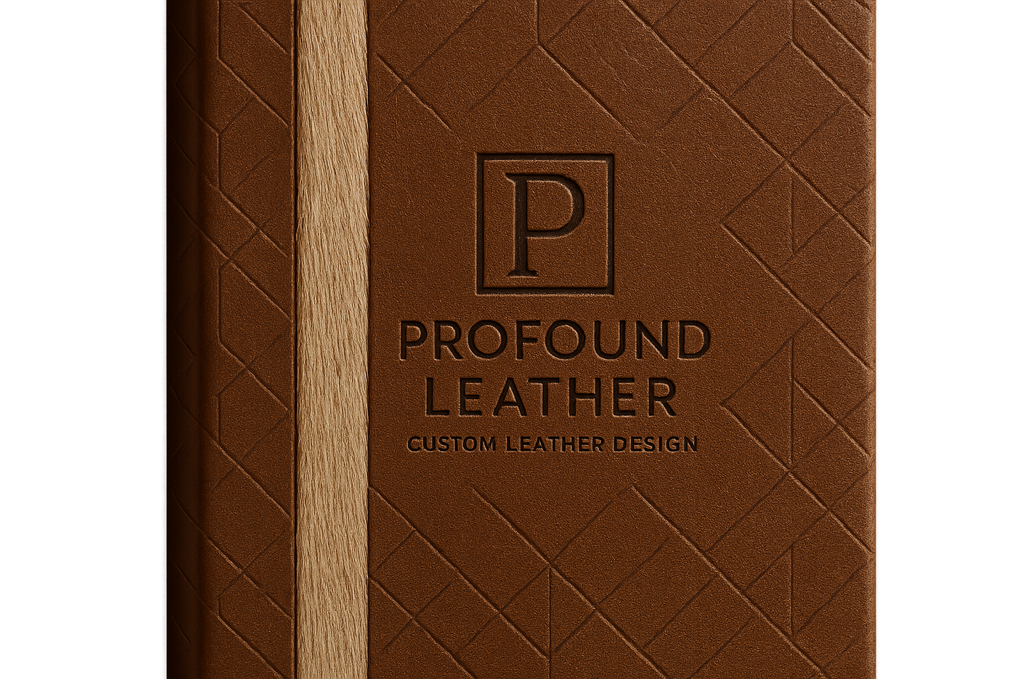 modern classy logo for business that custom designs leather, named Profound Leather, on modern pattern designed leather book with a straight line of extra light deer fur runing down the center left of the book engraved deep in the leather background