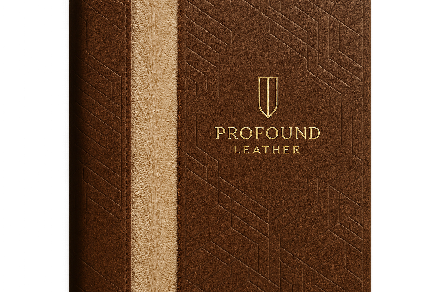 modern classy logo for business that custom designs leather, named Profound Leather, on modern pattern designed leather book with a straight line of extra light deer fur runing down the center left of the book engraved deep in the leather background