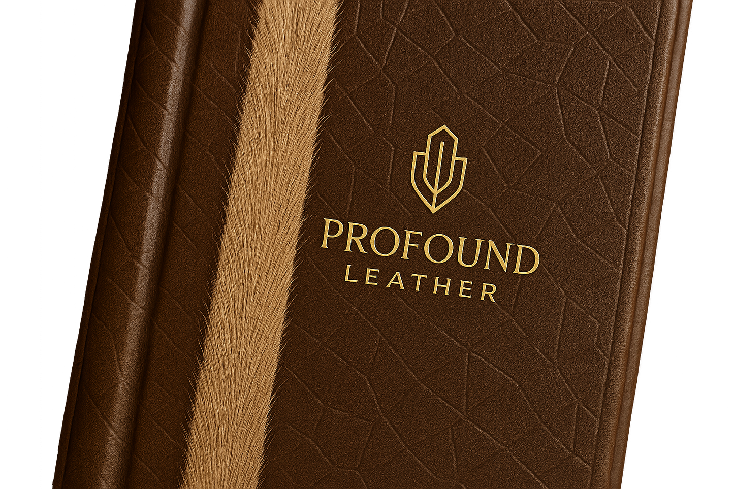modern classy logo for business that custom designs leather, named Profound Leather, on modern pattern designed leather book with a straight line of extra light deer fur runing down the center left of the book engraved deep in the leather background