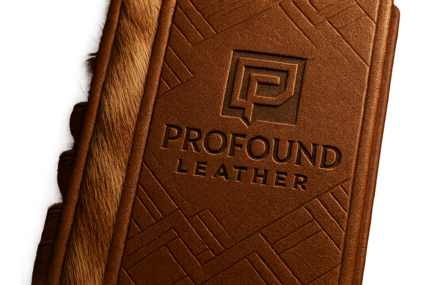modern classy logo for business that custom designs leather, named Profound Leather, on modern pattern designed leather book with some deer fur runing down the center left of the book engraved deep in the leather background