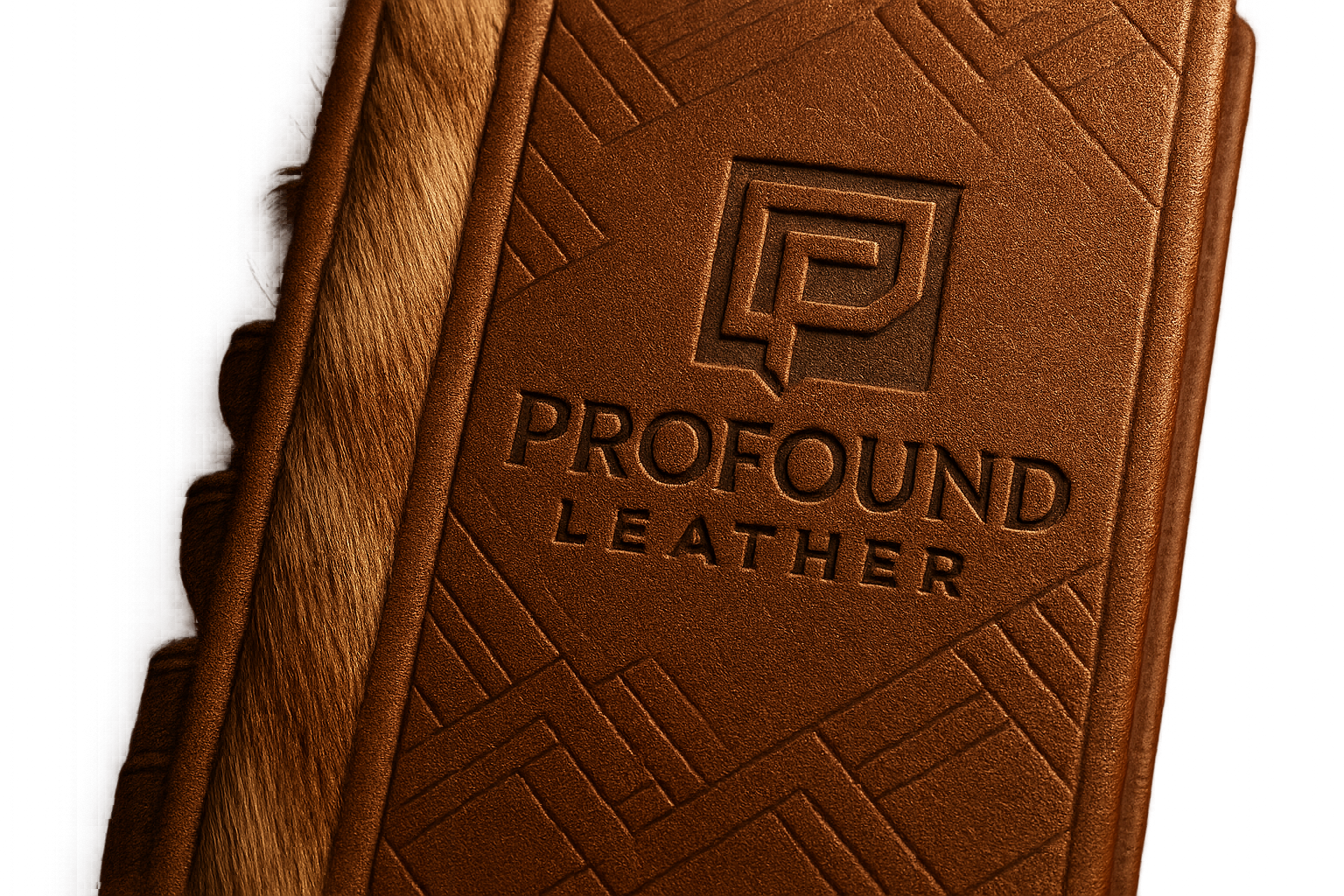 modern classy logo for business that custom designs leather, named Profound Leather, on modern pattern designed leather book with some deer fur runing down the center left of the book engraved deep in the leather background