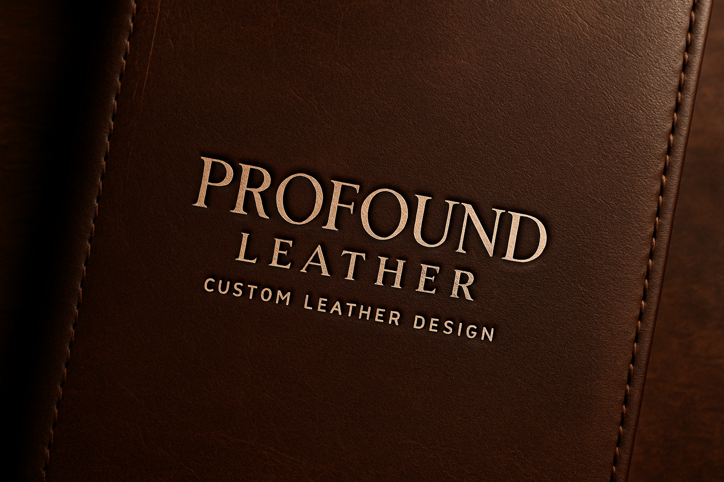 modern classy logo for business that custom designs leather, named Profound Leather, on rich modern designed leather book background