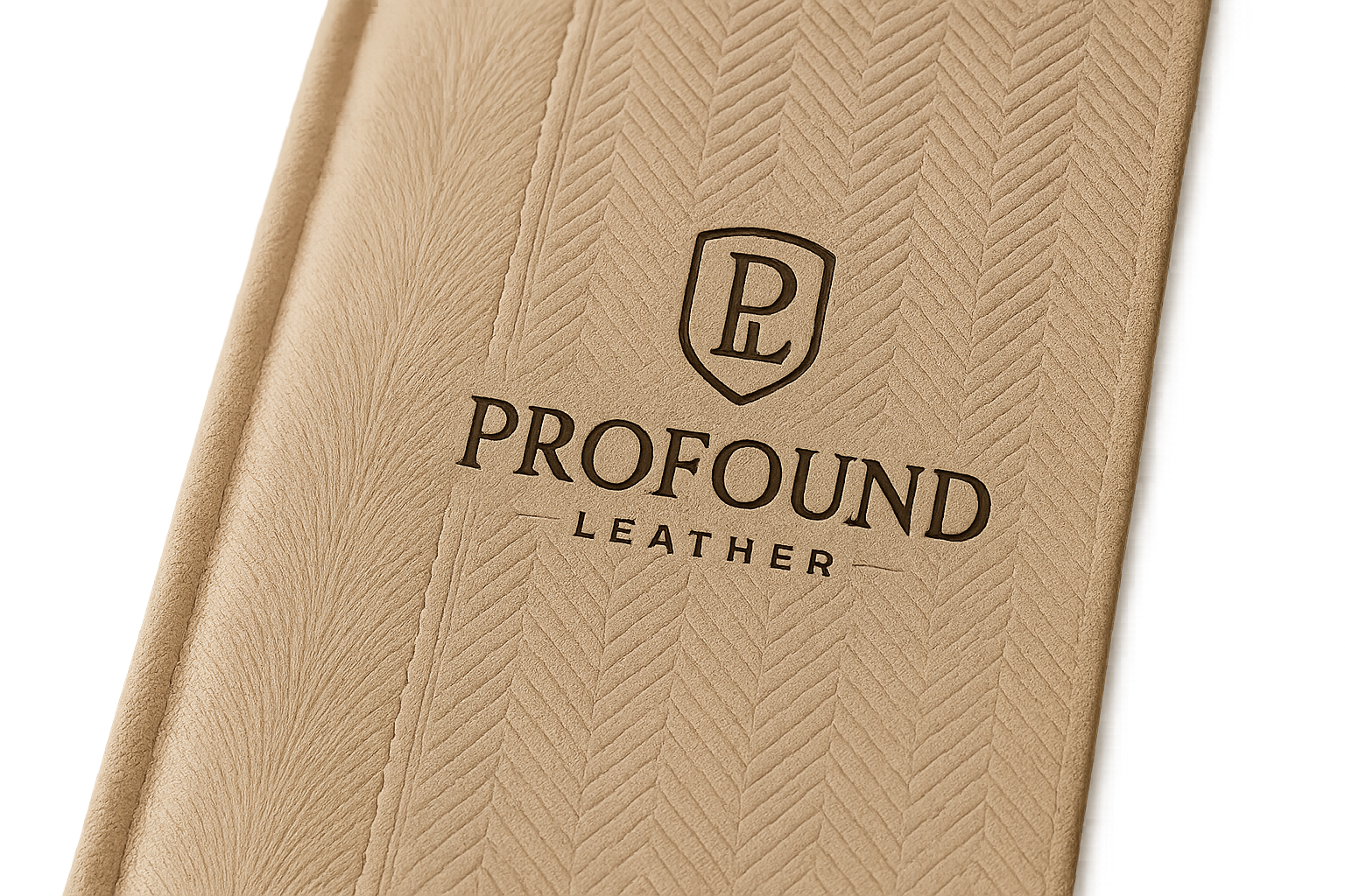 modern classy logo for business that custom designs leather, named Profound Leather, on light colored modern pattern designed leather book with a straight line of extra light deer fur runing down the center left of the book engraved deep in the leather background
