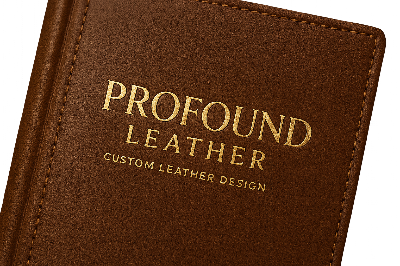modern classy logo for business that custom designs leather, named Profound Leather, on modern designed leather book background