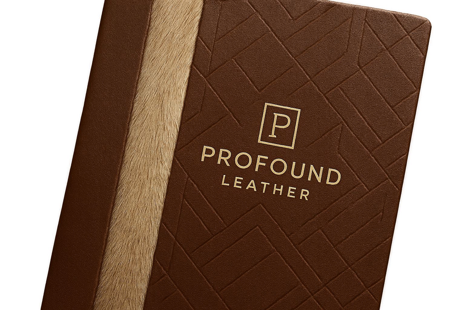 modern classy logo for business that custom designs leather, named Profound Leather, on modern pattern designed leather book with a straight line of extra light deer fur runing down the center left of the book engraved deep in the leather background
