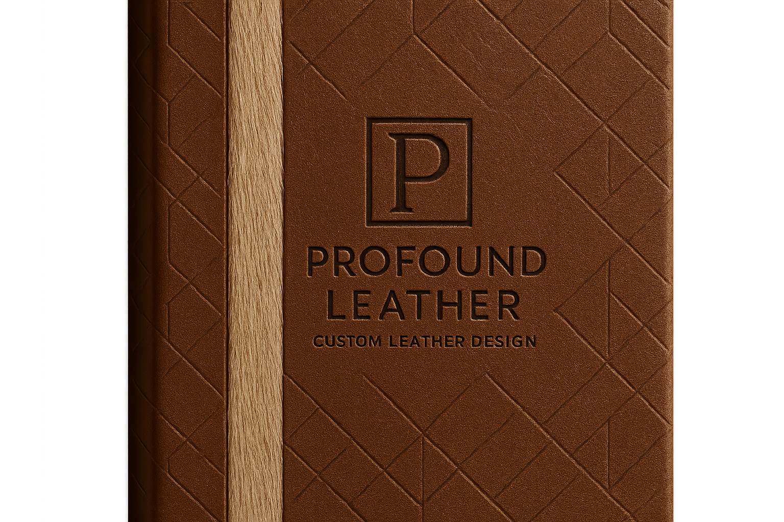 modern classy logo for business that custom designs leather, named Profound Leather, on modern pattern designed leather book with a straight line of extra light deer fur runing down the center left of the book engraved deep in the leather background