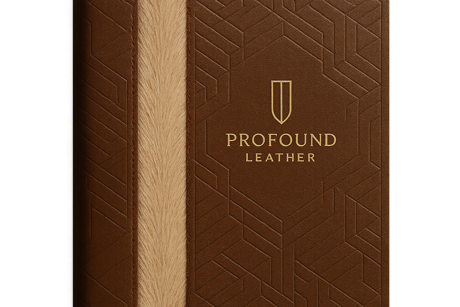 modern classy logo for business that custom designs leather, named Profound Leather, on modern pattern designed leather book with a straight line of extra light deer fur runing down the center left of the book engraved deep in the leather background