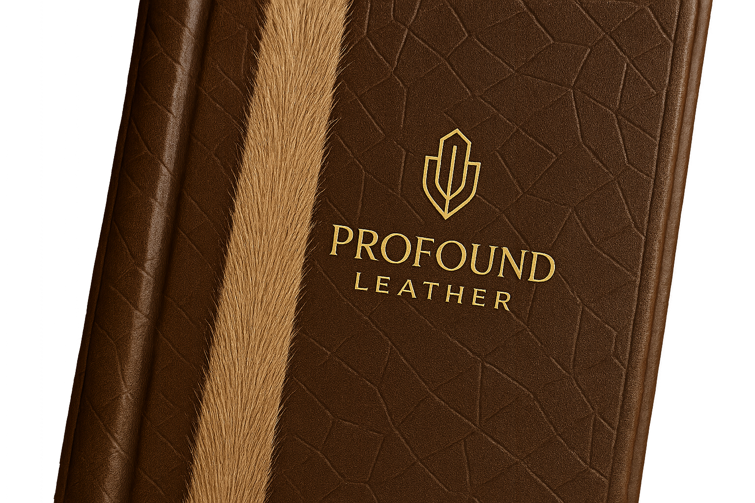 modern classy logo for business that custom designs leather, named Profound Leather, on modern pattern designed leather book with a straight line of extra light deer fur runing down the center left of the book engraved deep in the leather background